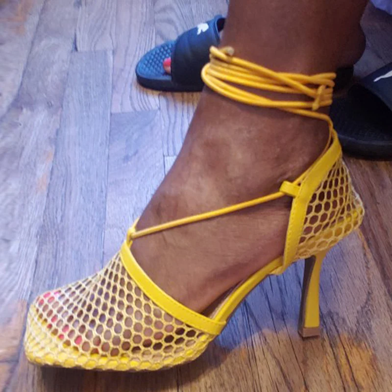

Green Strappy Heels For Women Sexy Breathable Mesh Square Toe Rome Ladies Sandals Lace Up Cross-Tied Party Shoes Pumps Size 42