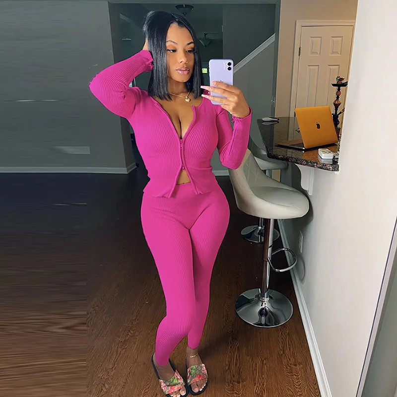 

Fashion Women Sweatpants Workout Tracksuits Crop Sweatshirt Top Ribbed Legging Pants 2 Piece Set Casual Long Sleeve Coat Clothes