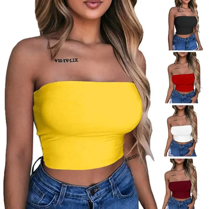 

Womens Summer Strapless Tube Crop Top Sexy Plain Solid Color Bodycon Bandeau Backless Mini Bustier Off Shoulder Night Clubwear