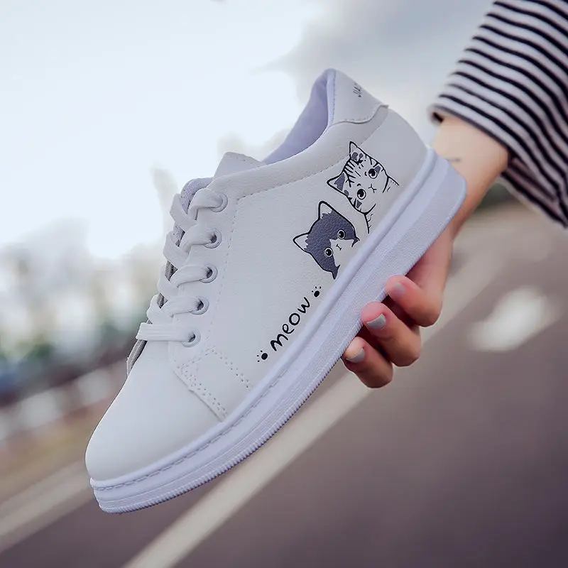 

Shoes Girls White Sneakers Lace Up 2020 New All Match Students Leather embroidered letters Vulcanized Flat Heel Shoes Women