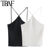 traf women fashion hollow out cropped knit tank tops vintage backless thin straps female camis mujer