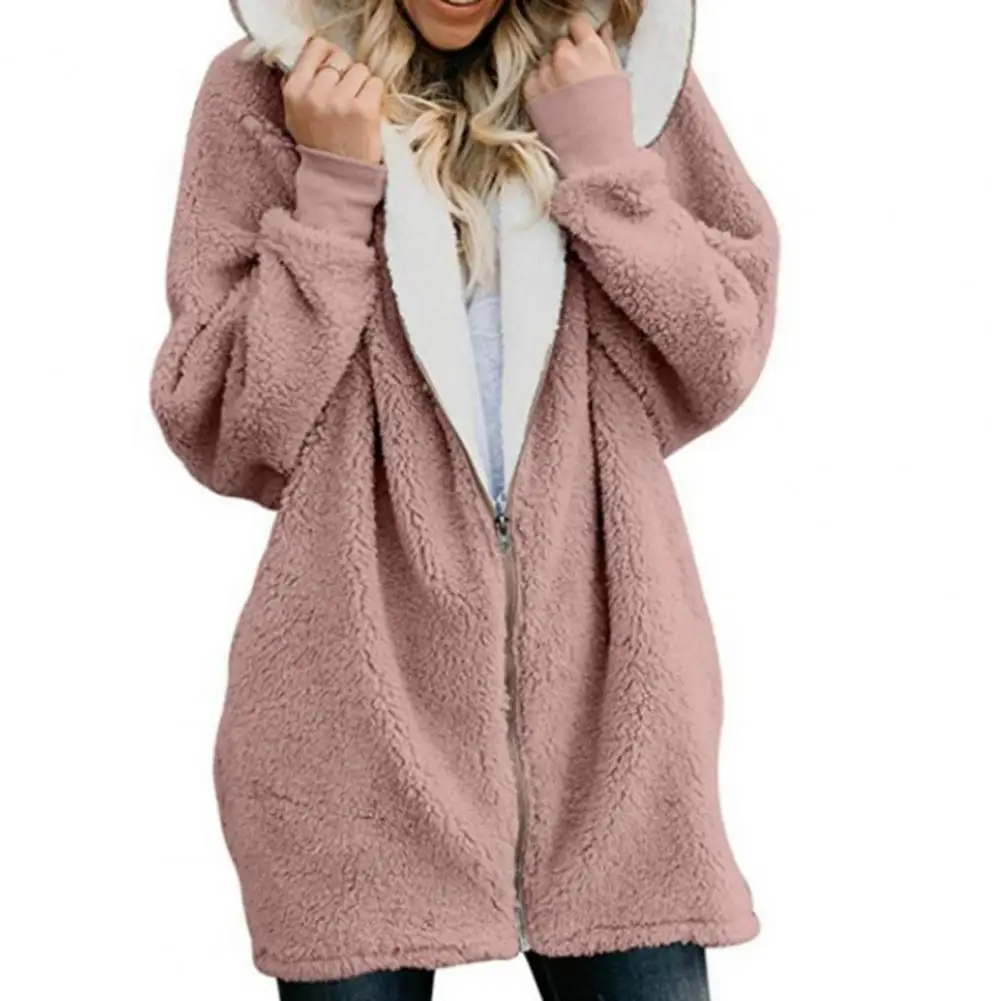

Ele-choices Women Autumn&Winte Zipper Closure Long Sleeve Female Winter Coat Lady Plush Mid-Length Hooded Women Coat for Daily