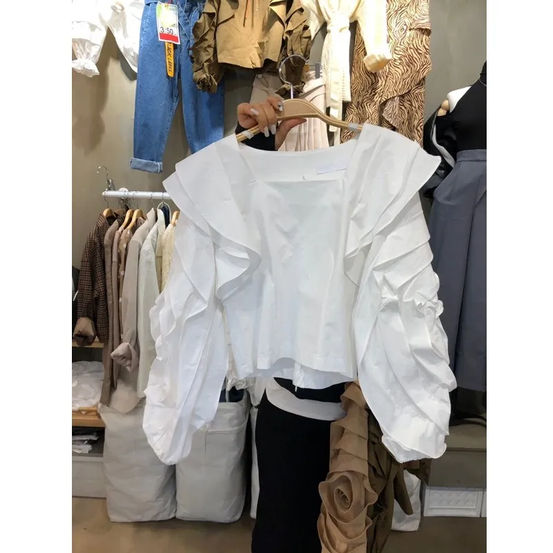 

2021 Spring Sweet Layer Ruffles Puff Sleeve Square Collar White Blouse Womens Tops