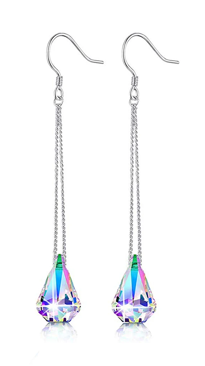 

Hermosa 925 Sterling Silver Dangle Earrings With Crystals from Swarovski Teardrop Aurore Boreale Crystal Long Drop Earrings Gift