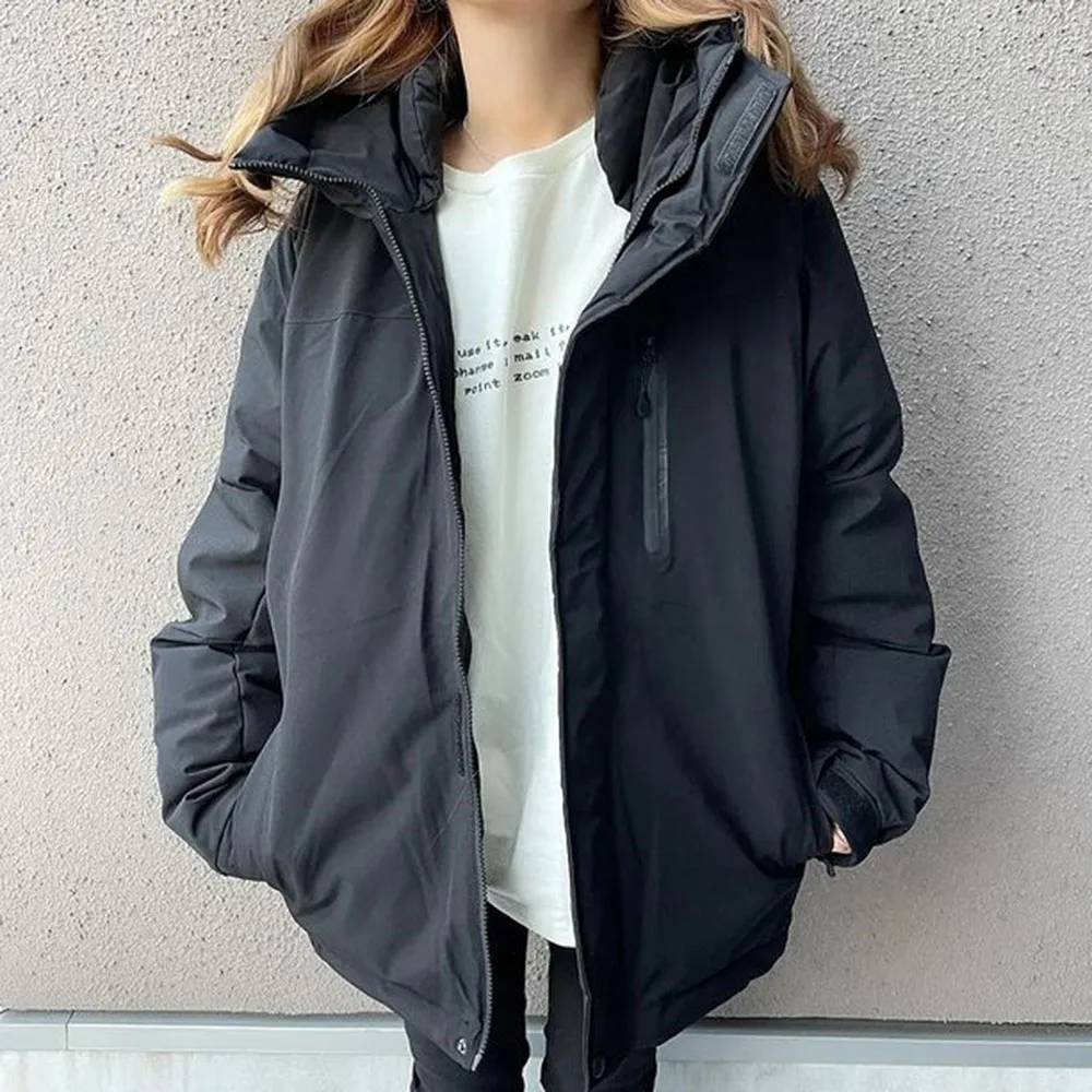 

Winter Jacket Women Black Zipper Pocket Long Sleeve Plain Loose Płaszcz Pikowany Winterjassen Dames Office Lady Warm Coat Casual