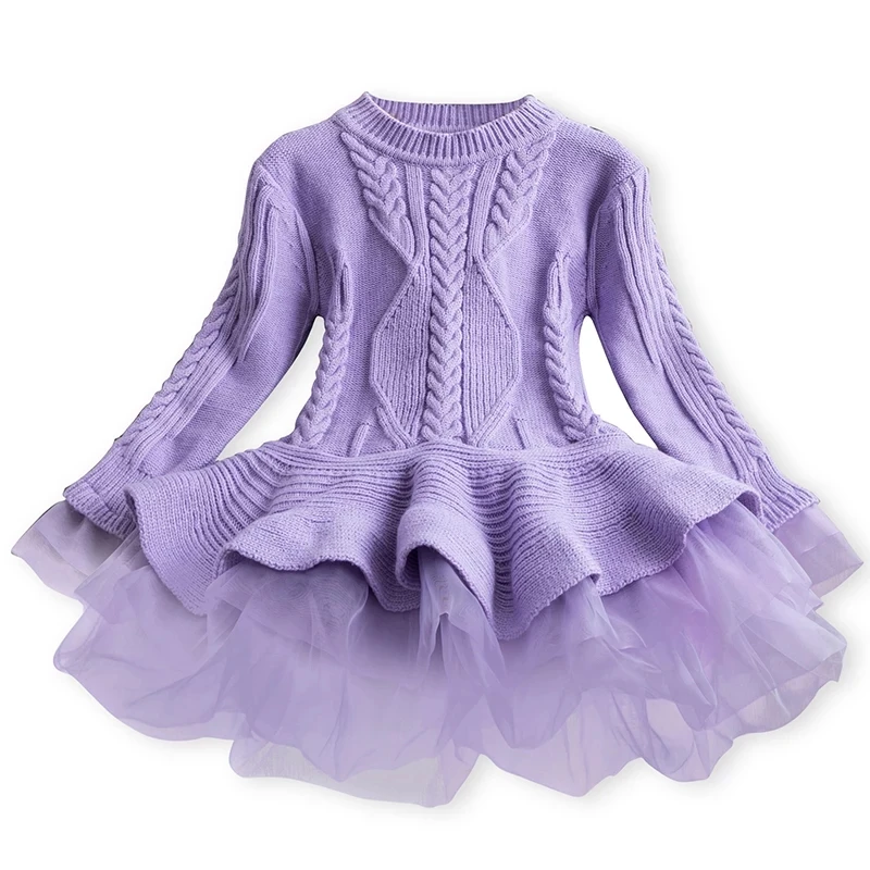 purple Платье для девочек; сезон осень-зима; вязаный свитер с длинными рукавами; теплое детское платье для маленьких девочек; рождественское платье принцессы - Цвет: purple
