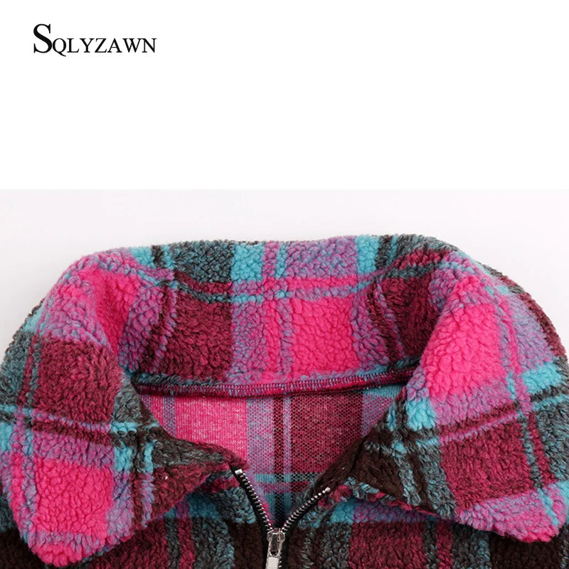 Женское теплое шерстяное пальто в клетку повседневное флисовое цвета хаки и