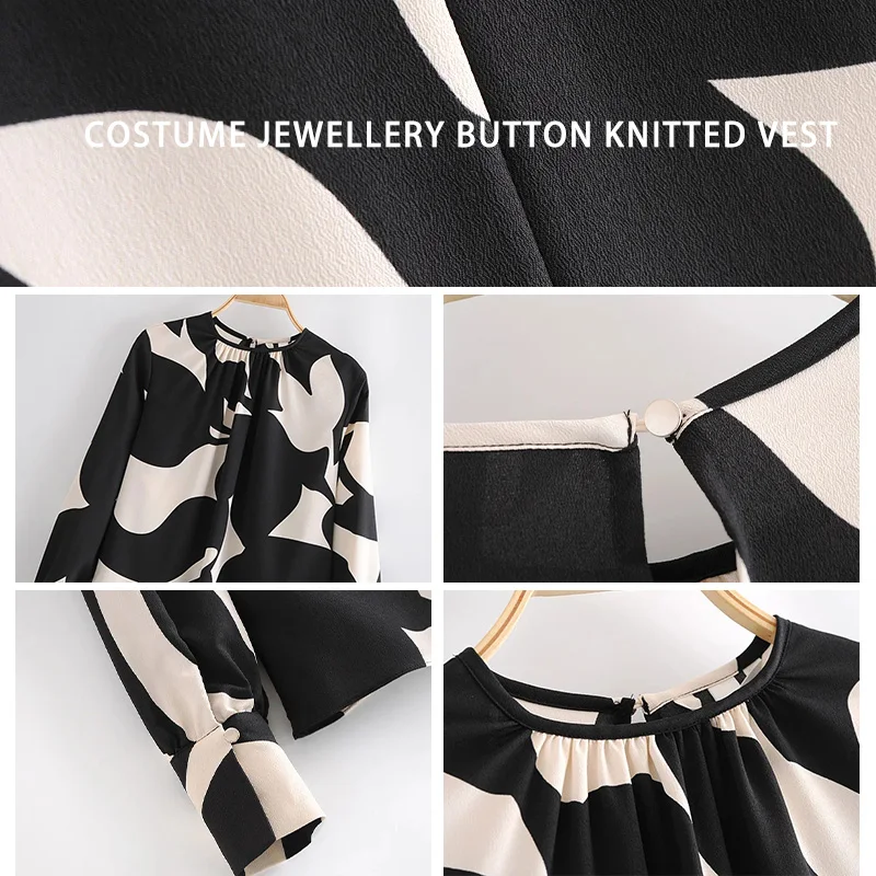 

Printing Long Sleeve Blouse Women Autumn O-Neck Collar Shirts Office Work Solid Vintage Spring Fashion Female White Chiffon Tops