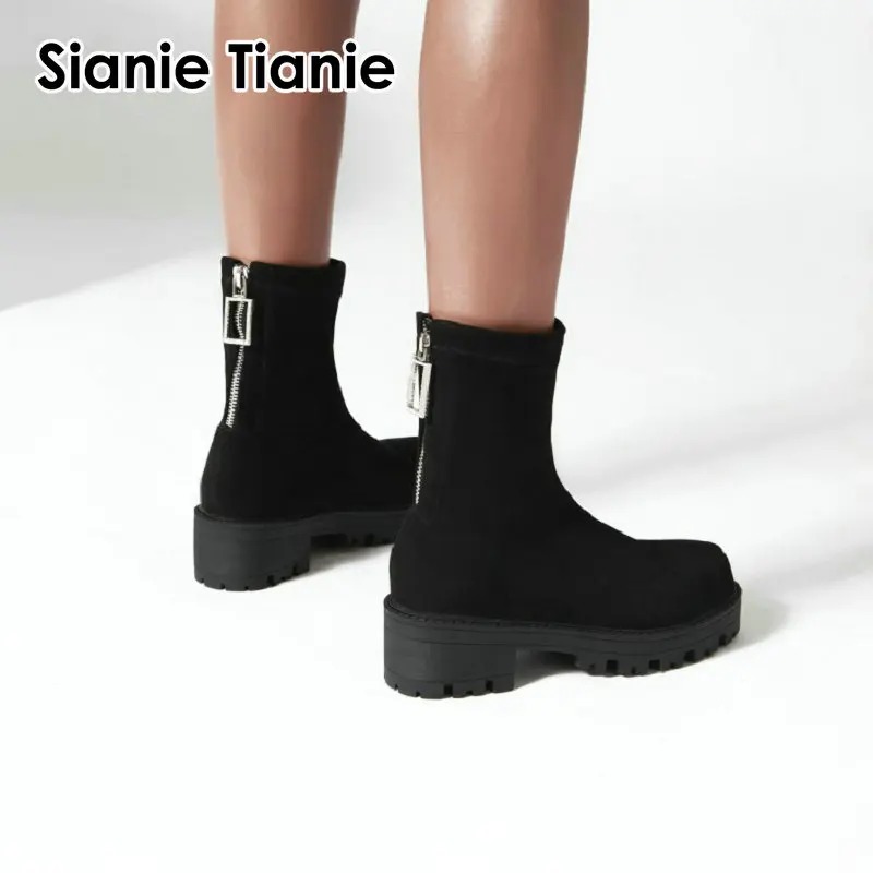 

Sianie Tianie 2022 winter spring flock stretch boots round toe square med heeled boots zipper back women Female ankle boots shoe