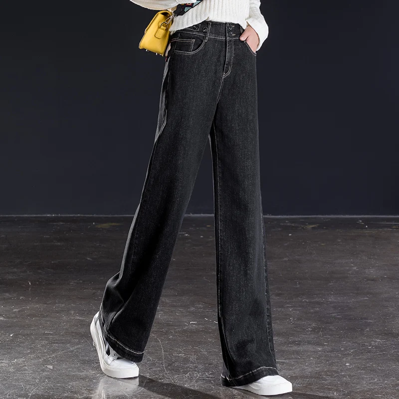 Женские джинсы с широкими штанинами черные свободные высокой талией прямые