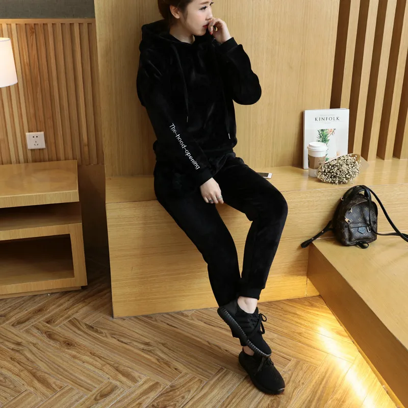 Casual Tracksuit Women 2020 New Winter Embroidery Letters Hooded Velvet Two Piece Set Crop Top &amp Pants Female LH1304 | Женская одежда