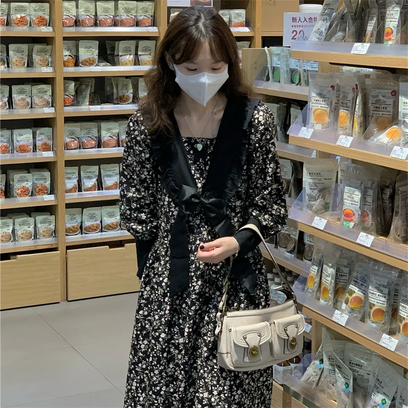 

Korean Style Chic Floral Long Dress Women Vintage Square Neck Ruffle Retro Bowknot Long Sleeve Midi Dress Elegant Cute Casual