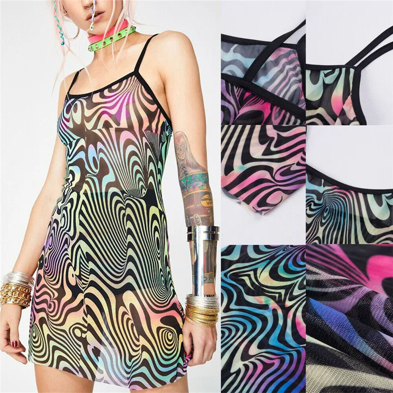 

Women Sexy Dress Fashion Painted Print Mesh Perspective Mini Dress Sleeveless Club Party Bodycon Veatidos Lady Summer Clothing