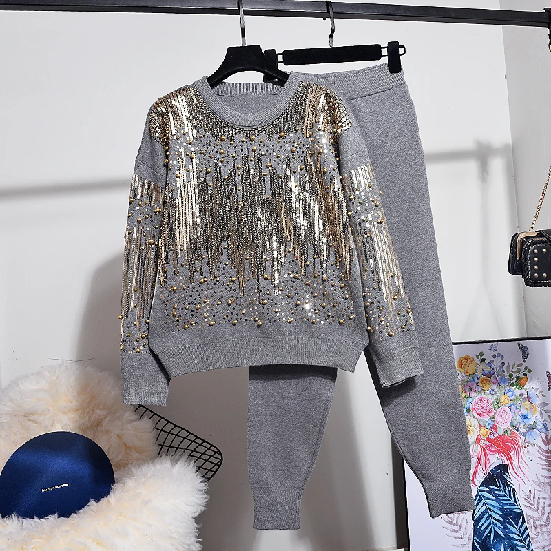 Осенний комплект из двух предметов вязаный пуловер для женщин бисероплетение