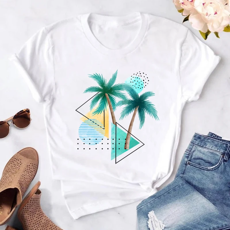 

Women's T-shirt Coconut Tree Print Short Sleeve Summer Tops for Women Casual O-neck Basic White Tees Streetwear Tshirt Clothes
