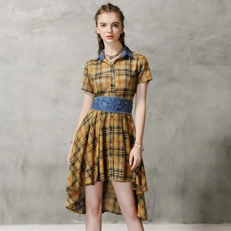 Клетчатое платье с отложным воротником необычное Повседневное из хлопка и льна