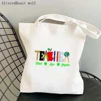 women shopper bag green teacher printed kawaii bag harajuku shopping canvas shopper bag girl handbag tote shoulder lady bag