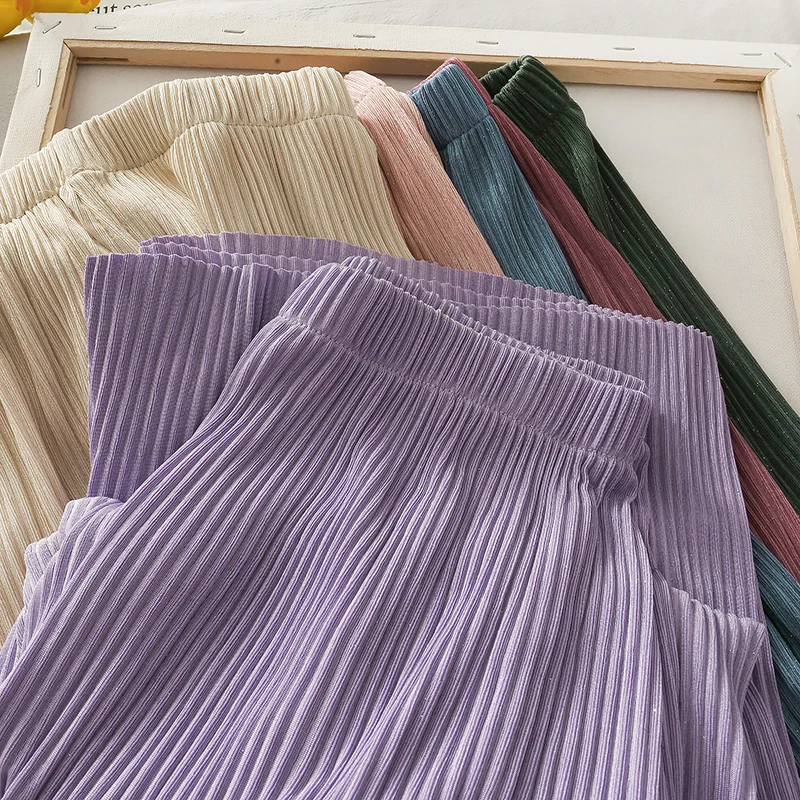 

Solid Chiffon Pleated Women Pants Summer New High Waist Wide Leg Ankle Length Office Lady Elegant Pants Top Quality