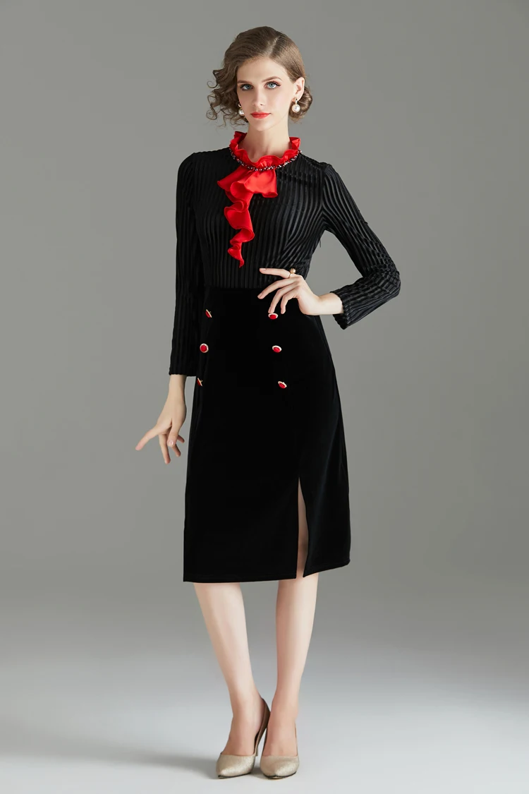 Модное подиумное женское платье с гофрированным воротником и длинными рукавами