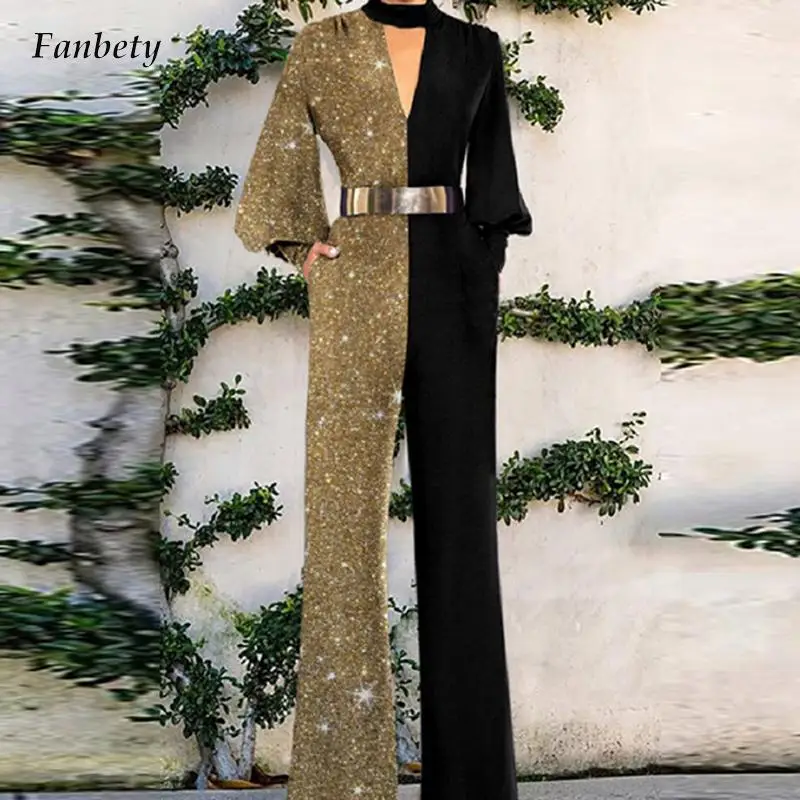 

Fashion Women Clothing Elegant V-Neck Long Sleeve Jumpsuits Sexy Gold Print Holiday Casual Overalls Commute Ladies Rompers 2022