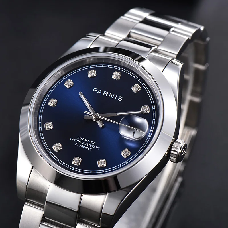 

39mm parnis blue dial sapphire glass date miyota 8215 automatic movement mens watch