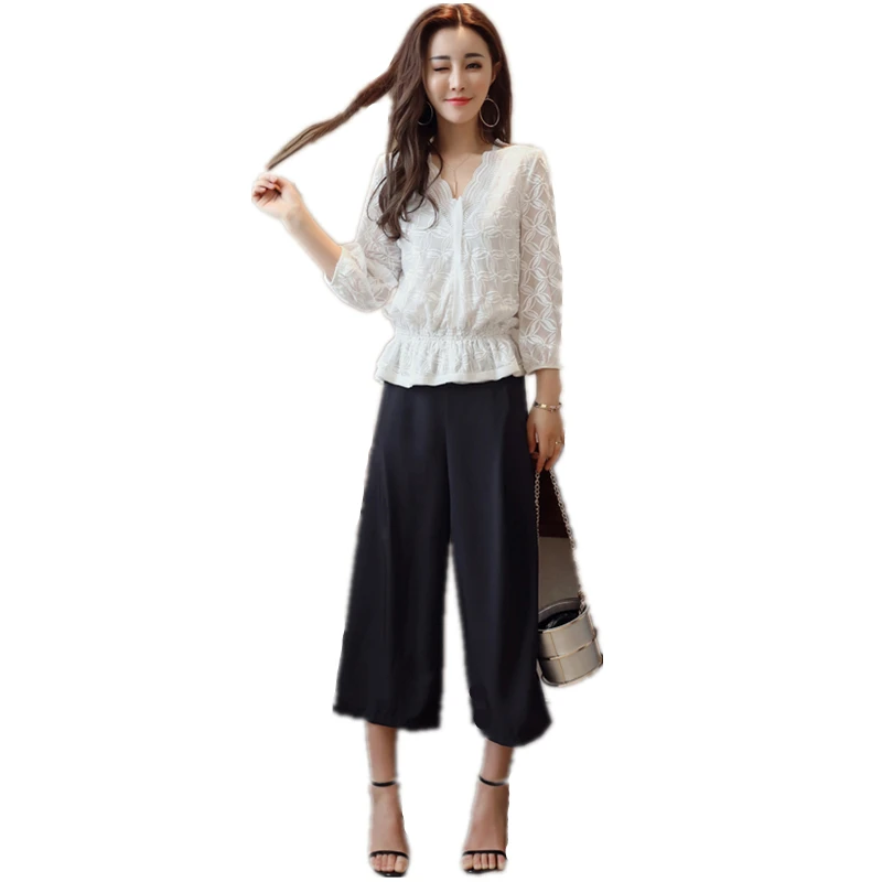 Fashion Summer 2020 Casual Lady Elegant Slim V-Neck Chiffon Wide Leg Pants Women Lace Two Piece Suit Female (Tops+Pants) YXR285 |