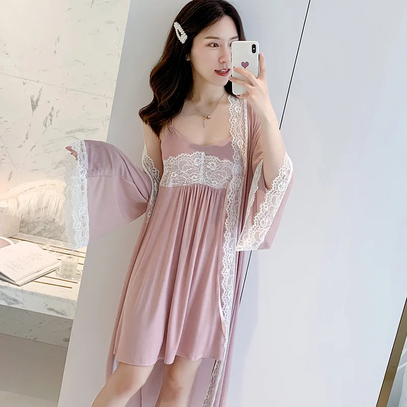 

Women Green Nightwear Robe Sleep Set Sexy Homewear Lace 2PCS Sleepwear Intimate Lingerie Summer Homewear Nightgown Nightdress