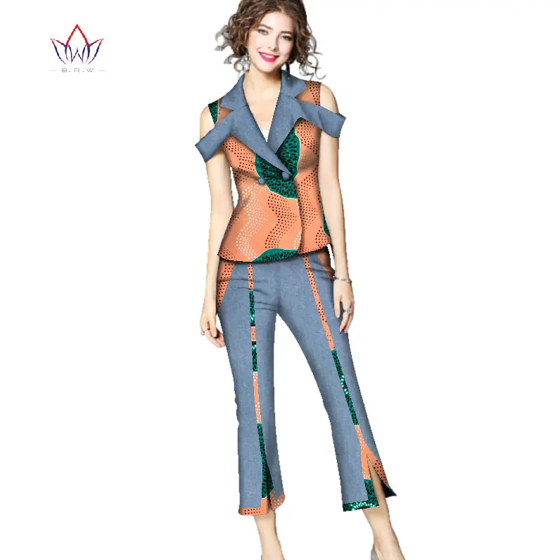 Women's 2-piece set elegant pants vintage african attire female turn-down collar plus size women clothing two piece set  WY2686