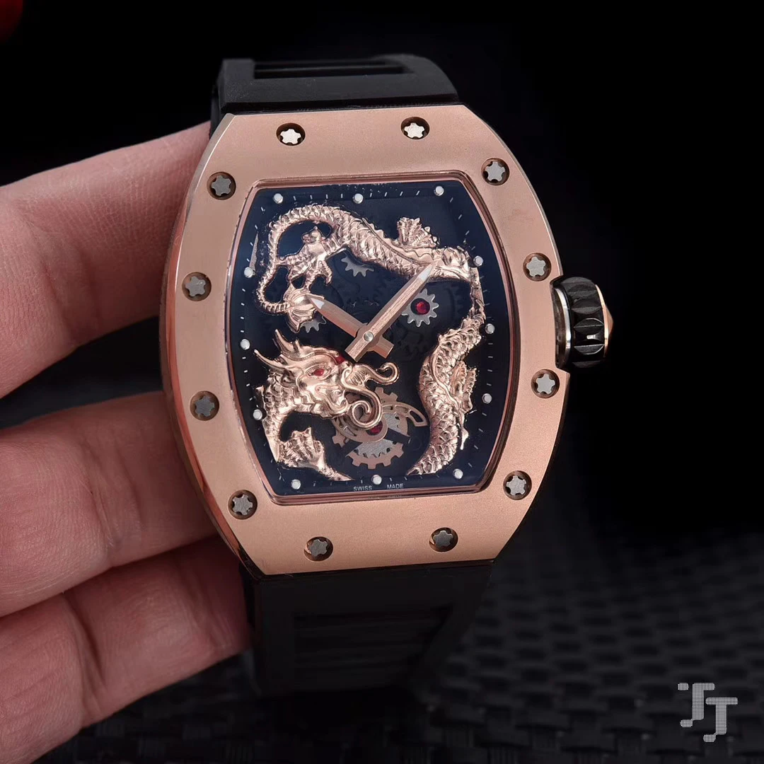 

Classic New Red Blue Black Rubber Rose Gold Men Watch Sapphire Automatic Mechanical Dragon Tourbillion Skeleton Watches
