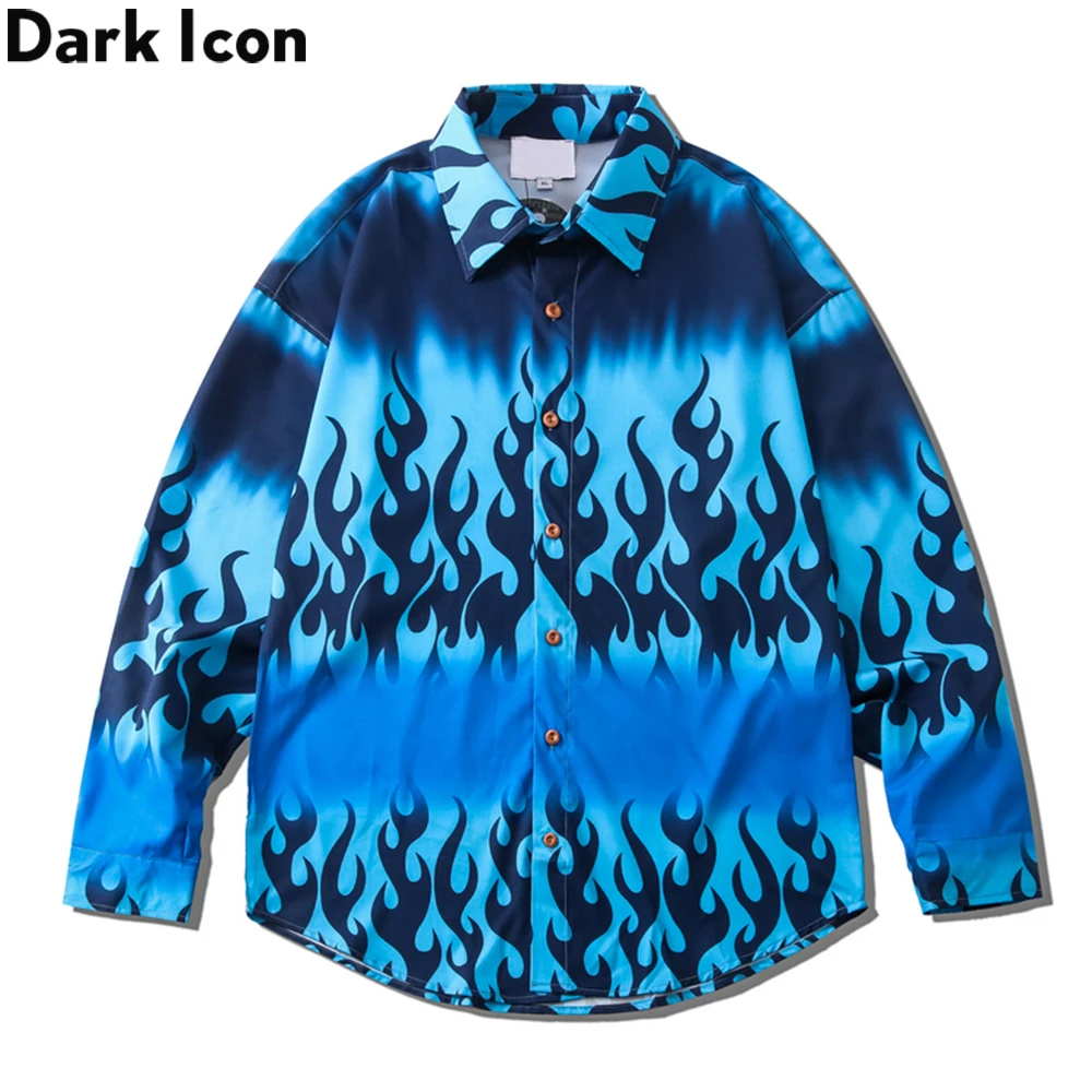 Темный значок пламени: длинная синяя кофта с длинными рукавами, рубашки для мальчиков Для мужчин осень отложной воротник Для мужчин рубашка
