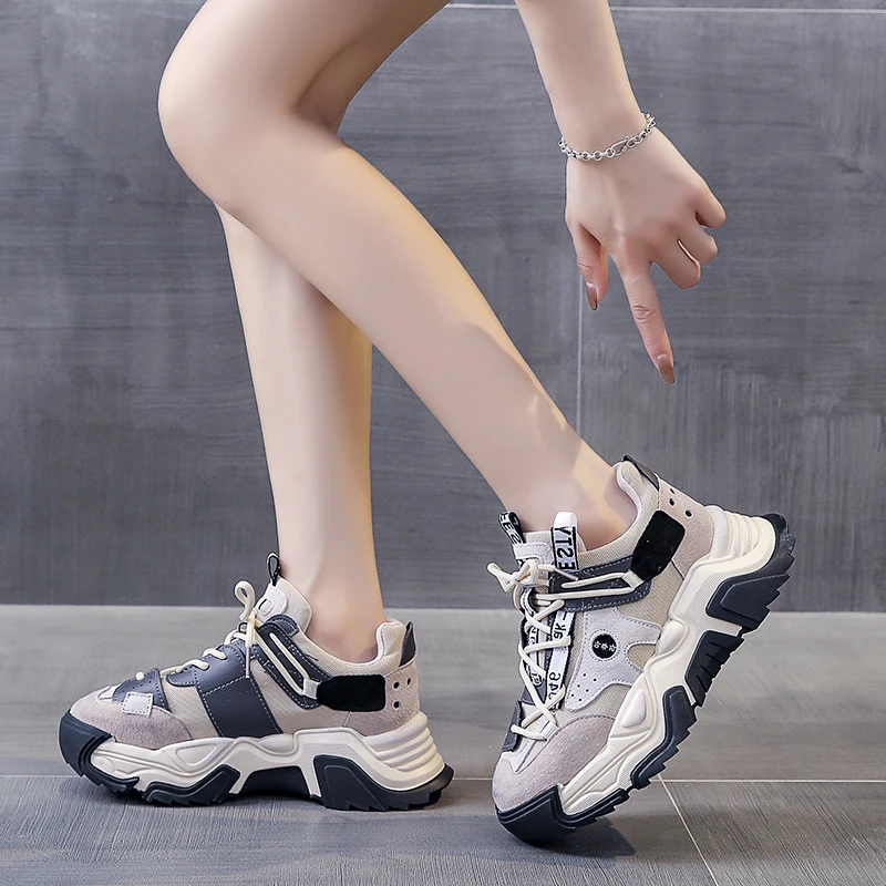 

Массивные кроссовки, женские замшевые + сетчатые модные дизайнерские женские спортивные кроссовки 2021, повседневная обувь на толстой подошв...