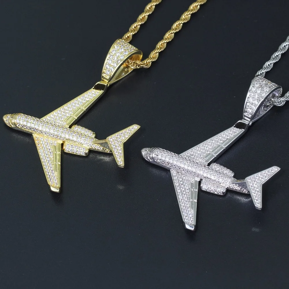 

Hip Hop Jewelry 18k Gold Plated Zirconia Simulated Diamond Iced Out Chain Aircraft Pendant Necklace for Men Charm Gifts