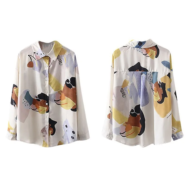 

Women Autumn Loose Blouse Retro Button Long Sleeve Turn-down Collar Blouses Ladies Casual Printed Shirts
