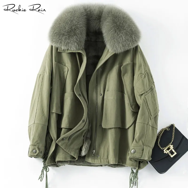2019 Новая женская Настоящая меховая парка пальто со съемным кроличьим мехом