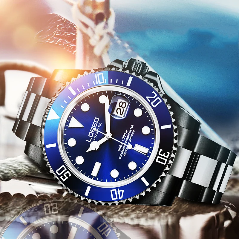 Классические роскошные мужские автоматические часы LOREO с синим циферблатом из