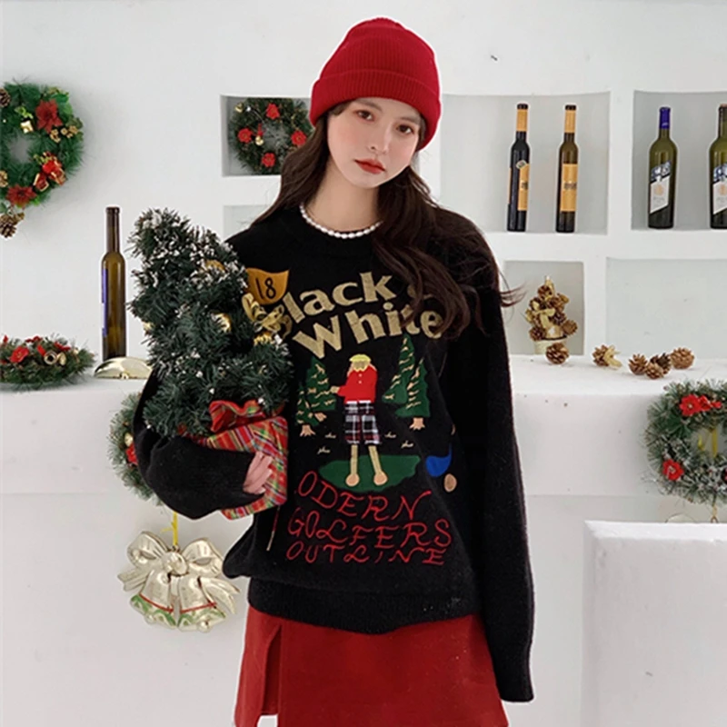 

Женский свитер с винтажной вышивкой, Свободный вязаный пуловер с круглым вырезом в стиле колледжа на осень и зиму