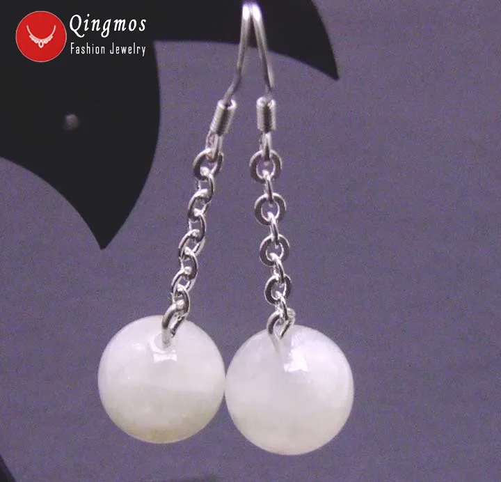 

Qingmos Genuine 11-12mm Round Natural White MoonStone Earring for Women with Silver S925 Hook Dangle Earring 2" Jewelry ear324