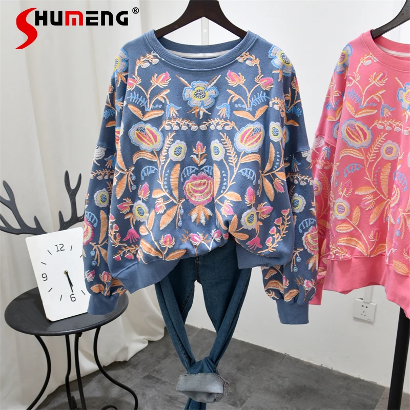 

Oversized Cotton Women Shirt Long Sleeve Autumn Personality Hole Floral Embroidered Sweatshirt Femme Loose Crew Neck Hoodie Top