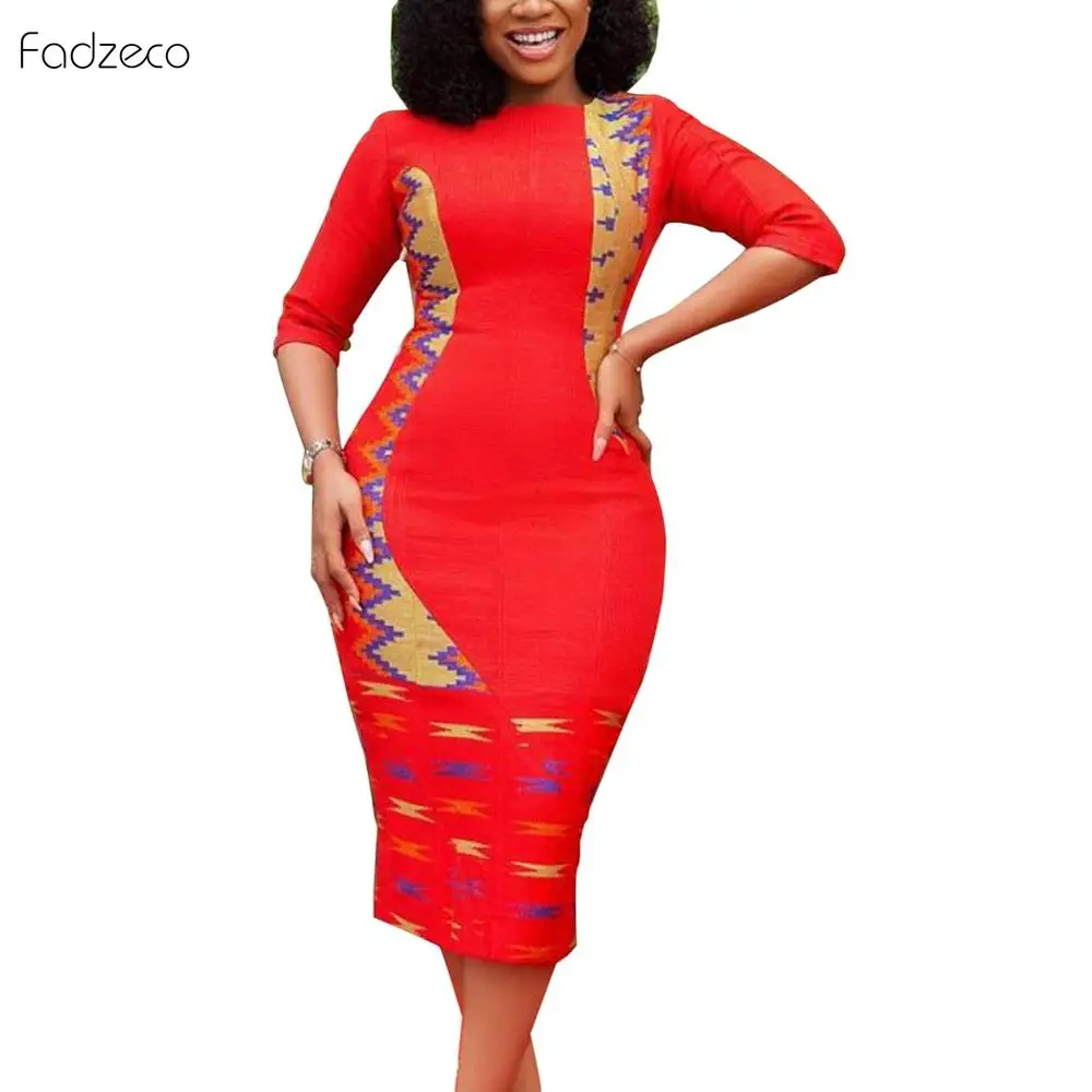 Fadeco African Dresses For Women Gonws Wax Fabric Red Sexy Banquet Bodycon Round Collar Short Sleeve Ankara Tops Outfits Summer |