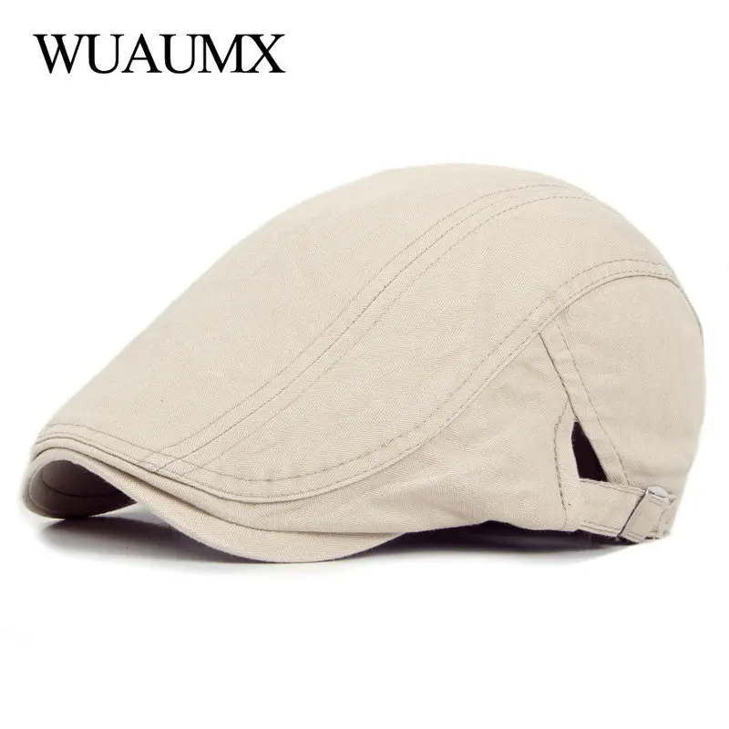 Wuaumx Casual Beret Hats Men Women Solid Forward cap Washed Cotton Beret Cap Spring Summer Flat Peaked Caps Painter Visor Adult