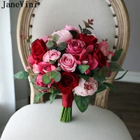 janevini red rose bridal bouquet artificial peony eucalyptus wedding flowers bouquet vintage pink bride faux bouquet de fleur