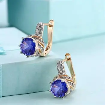

K gold zircon earrings, blue round diamonds, romantic style earrings ear clips, women's champagne gold KZCE157-E-1 KZCE157-C-2