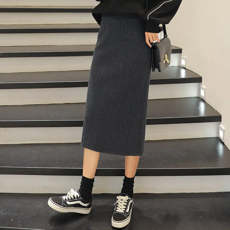

55-75CM Elastic Band Women Skirts Winter Warm Knitted Straight Skirt Ribbed High Waist Bodycon Mid-Long Elegant Skirt Black