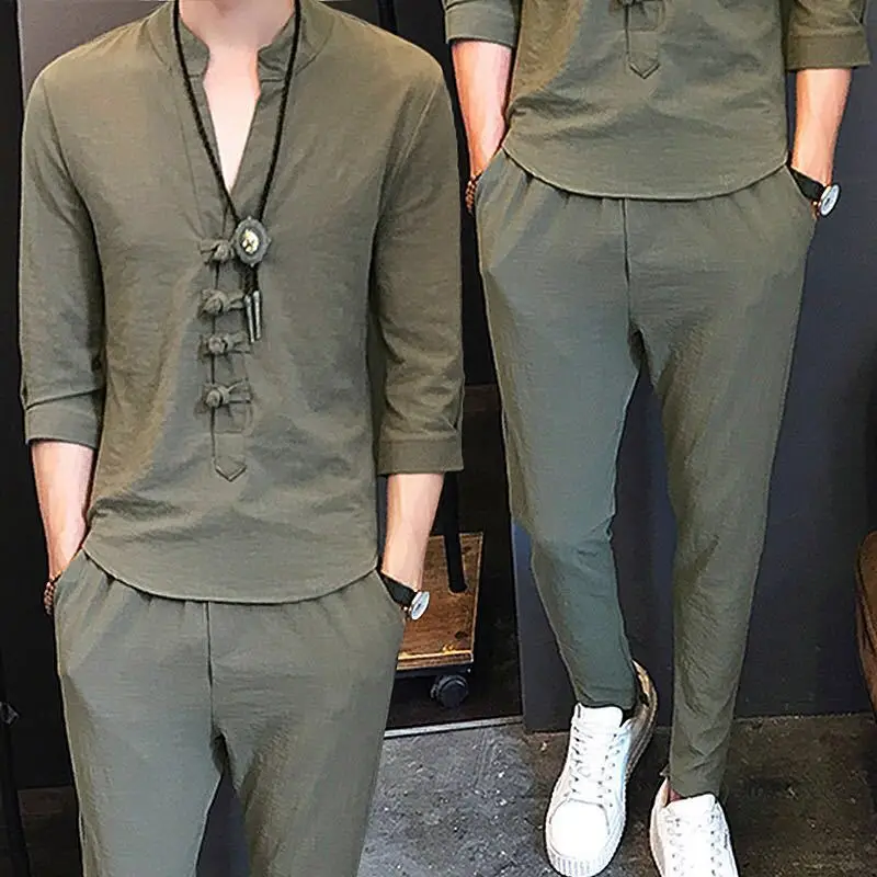 

Chinese Style Suit Men's Cotton Short Sleeve T-Shirt Two Piece Tang Korean Casual Summer Retro Hanfu Fashion Vetement Homme Hot