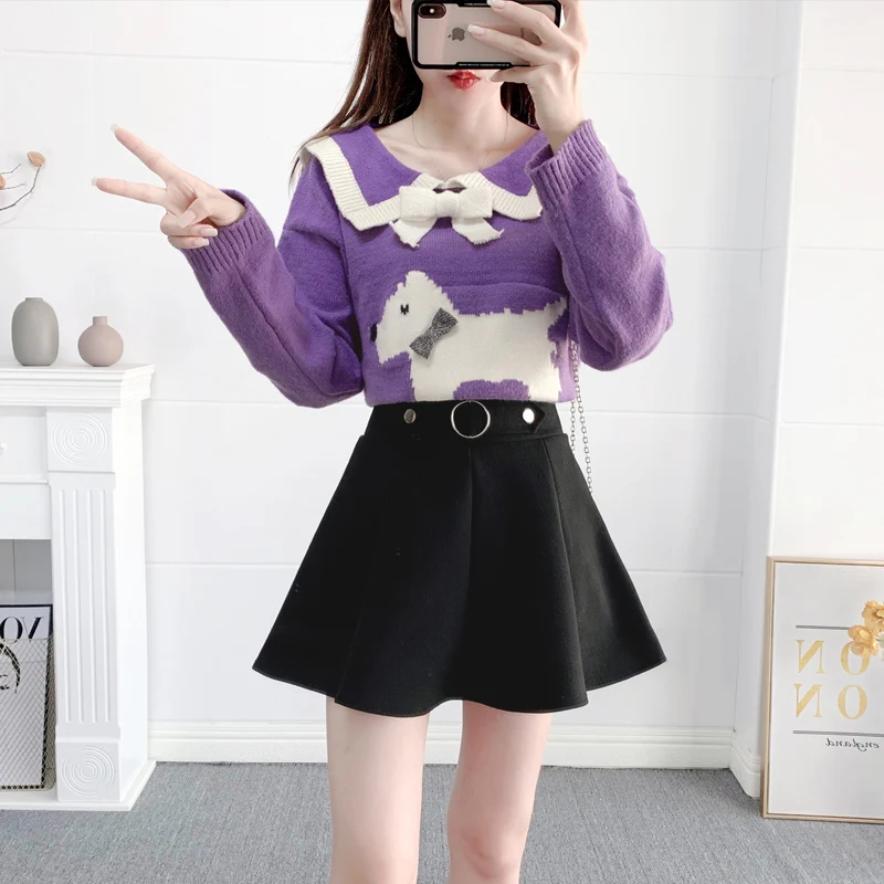 

Collaosed Outfit Pullover Sweater Knit Top Black Bust Skirt Two-Piece Sweet Clothing Set Knitwear Girl Warm Good Sale