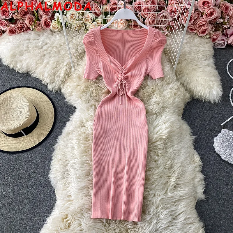 

Женское трикотажное платье ALPHALMODA, однотонное облегающее платье с коротким рукавом и V-образным вырезом, на шнуровке, для лета, 2021