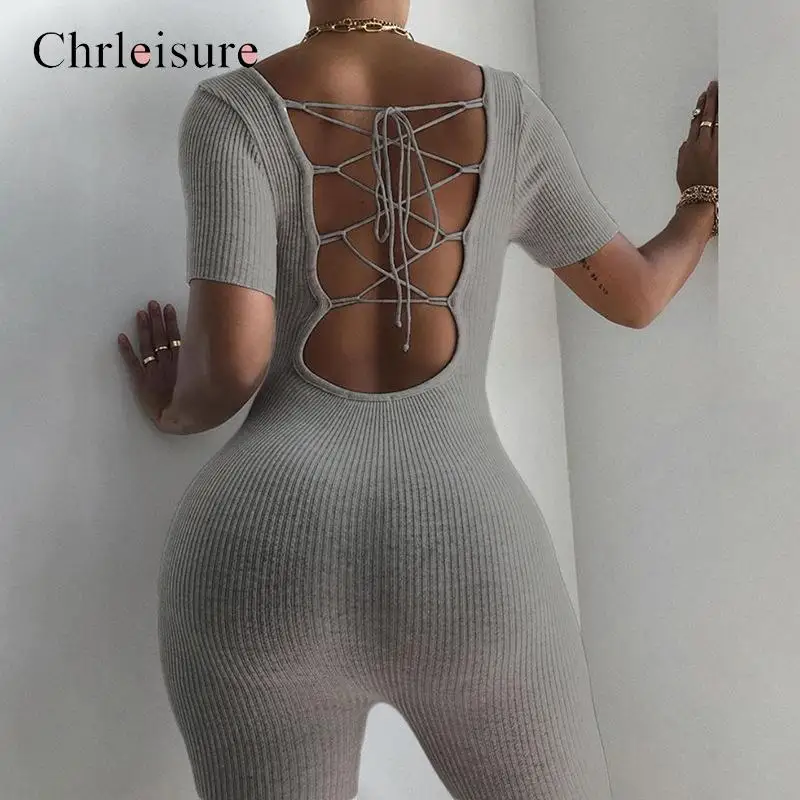 Summer Bodycon playsuit Women Backless Lace Up Sexy Rompers Short Sleeve Push Streetwear Solid Ribbed Jumpsuit |