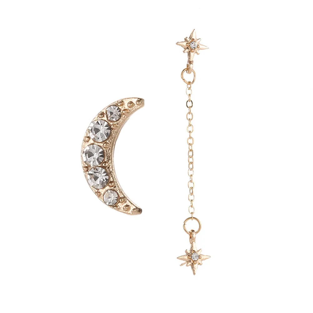 2Pcs/Set Rhinestone Moon Star Chain Stud Earrings 3 Ear Holes Gold Colors Women Earring Set 2020 Party Jewelry | Украшения и