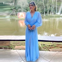 verngo simple blue silk chiffon evening dress long sleeves v neck plus size prom gowns formal mother of the bride dresses 2021
