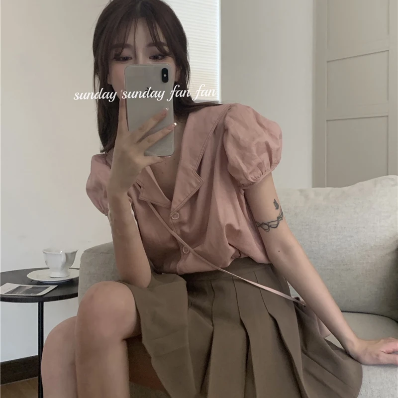 

Bubble sleeve top female summer Korean Navy style sweet girl short sleeve shirt loose and thin pink shirt fashion